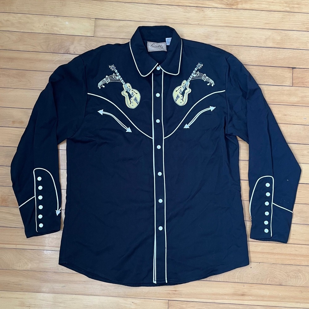 Scully Mens Western Shirt Black Embroidered Guitars Car Rockabilly P-665 Medium